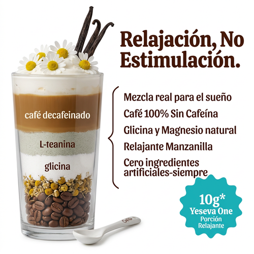 Relajación no estimulación: café decaf con glicina, magnesio, L-teanina y manzanilla