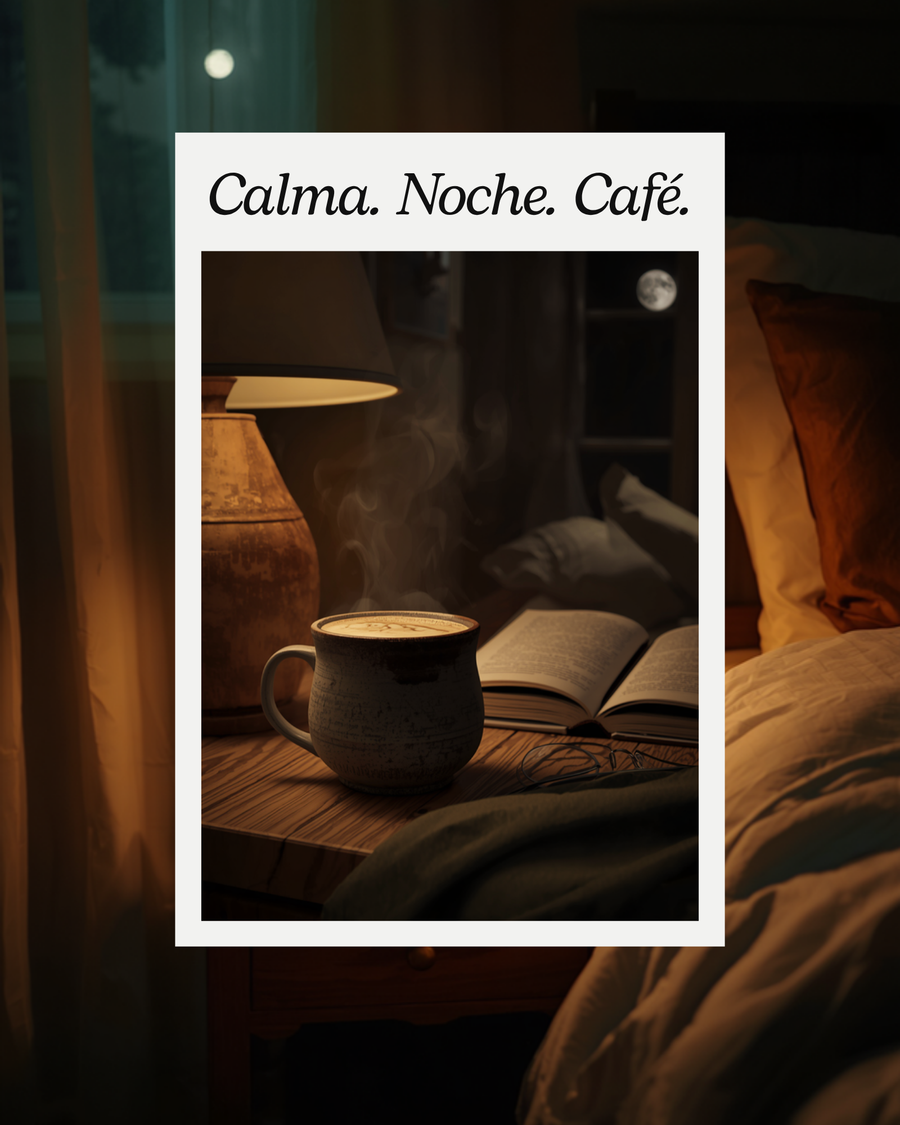 Calma. Noche. Café. Taza humeante de Cofito en la mesa de luz
